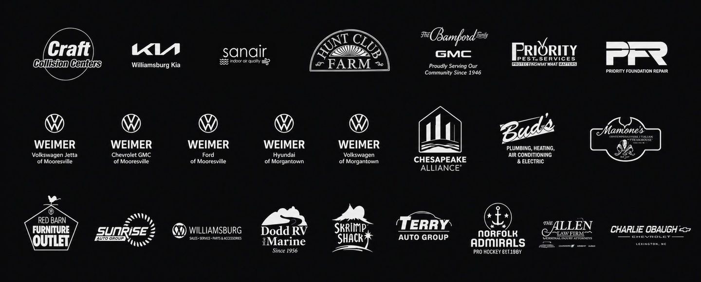 Black banner with rows of white sponsor logos and brand marks.