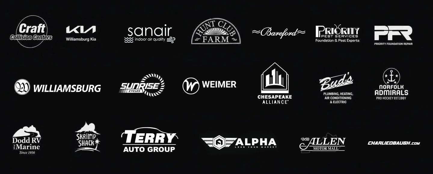 Black banner with rows of white sponsor logos and brand marks.