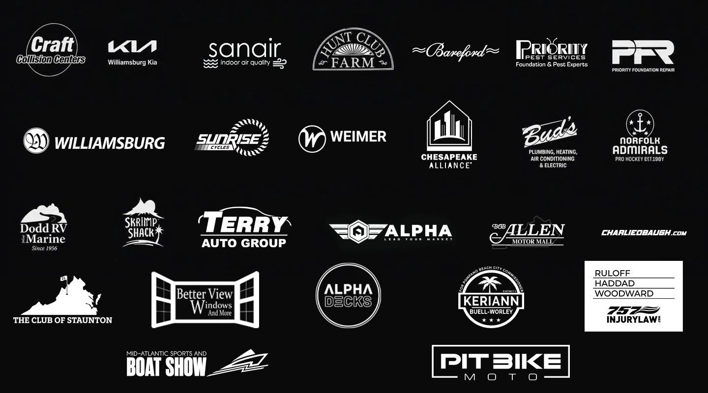 Black banner with rows of white sponsor logos and brand marks.