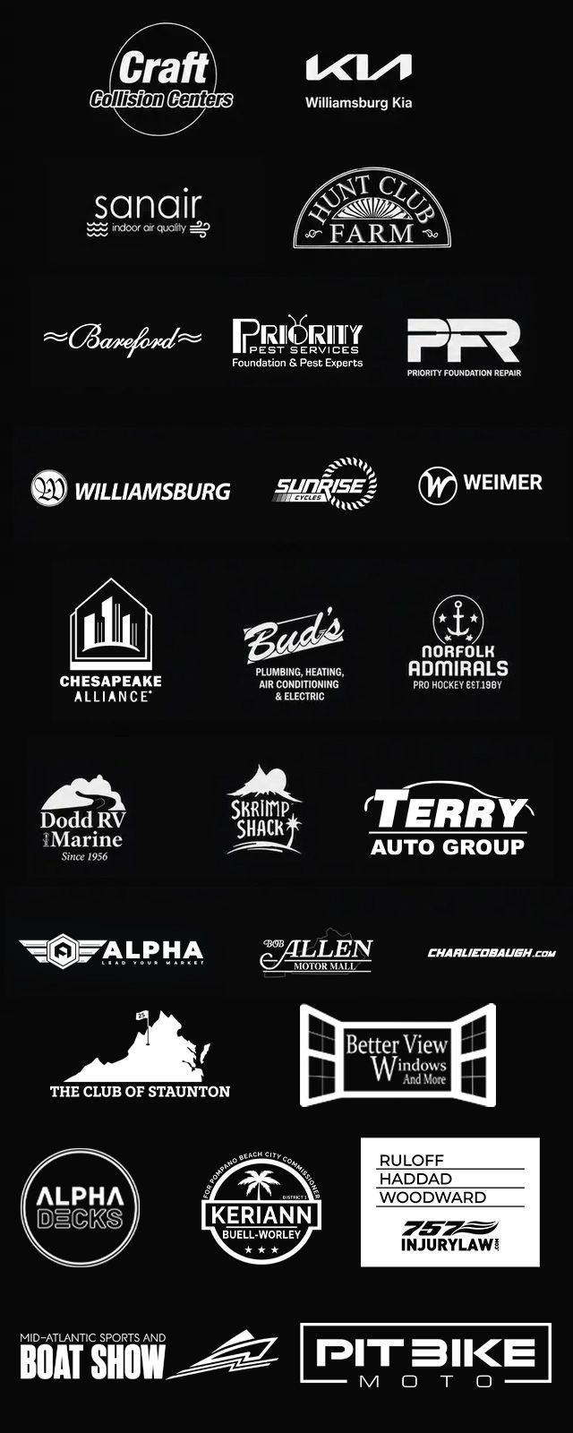 Black-and-white collage of sponsor and brand logos arranged in a grid.