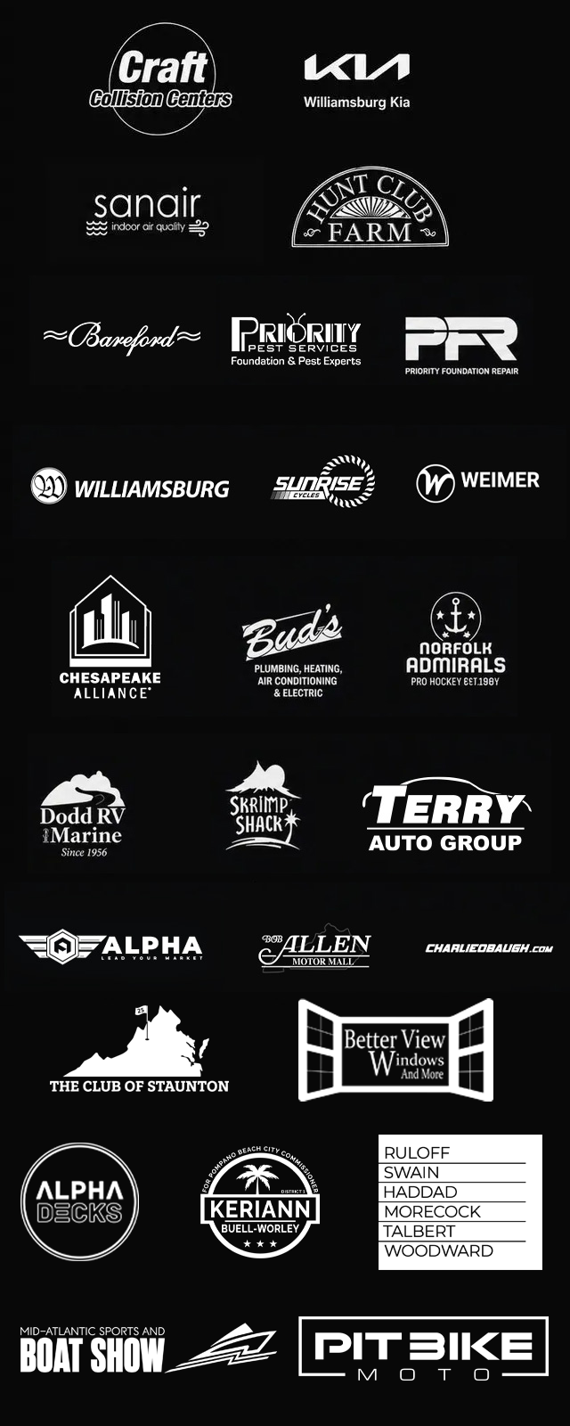 Black-and-white collage of sponsor and brand logos arranged in a grid.