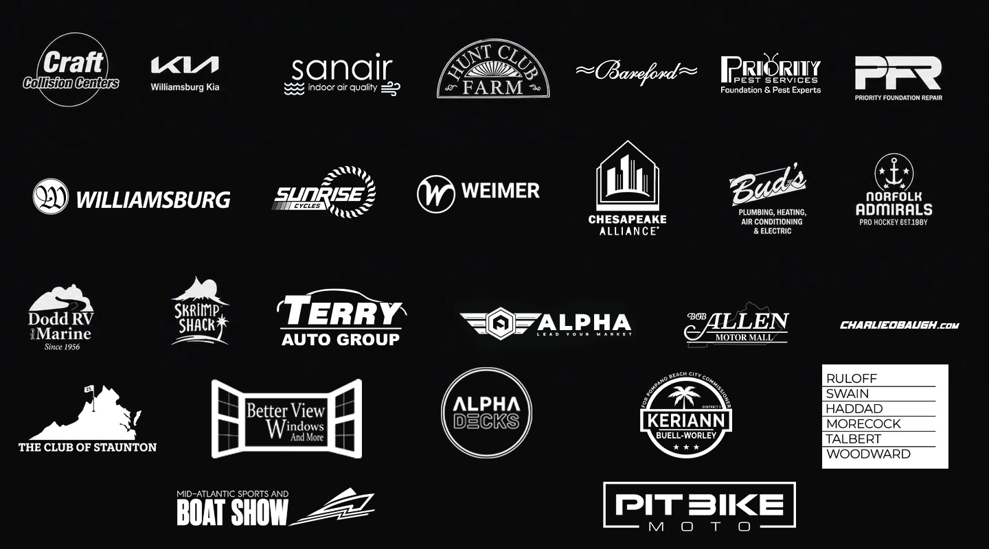 Black banner with rows of white sponsor logos and brand marks.