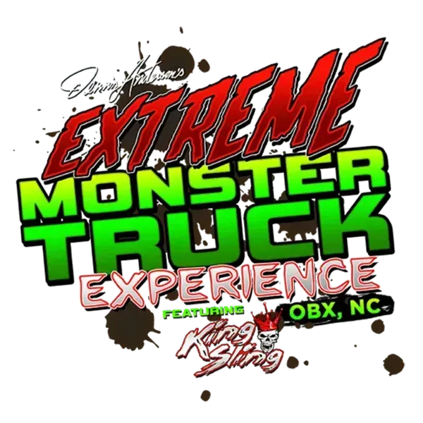 Extreme Monster Truck Experience logo in red, green, black and white with mud splatters