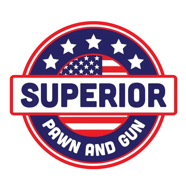Superior Pawn and Gun logo in red, white, and blue with stars and stripes.