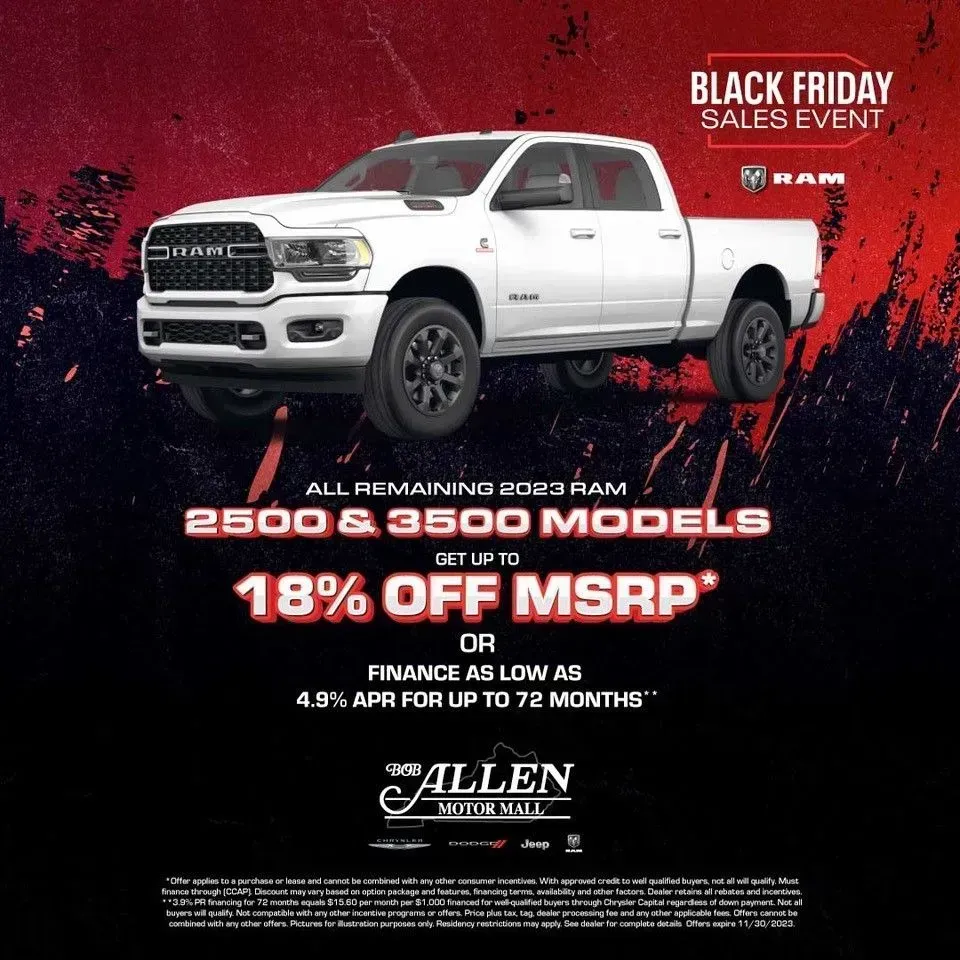 White Ram pickup on red-black Black Friday sales ad with 18% off MSRP and finance details