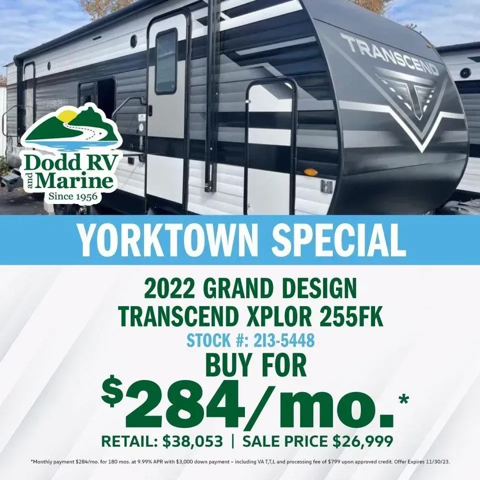 White and black 2022 Grand Design Transcend XPLOR 255FK RV ad, Yorktown Special, $284/mo.