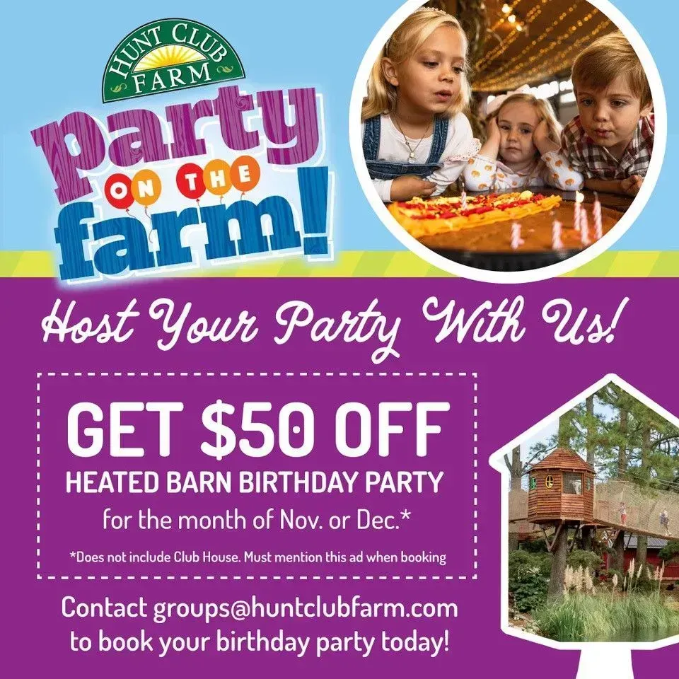 Hunters Club Farm party flyer with children, birthday cake, barn photo, and “Get $50 off” offer