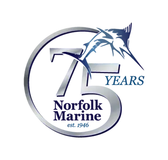 Norfolk Marine 75 years logo with stylized marlin, navy and gray circular design, est. 1946