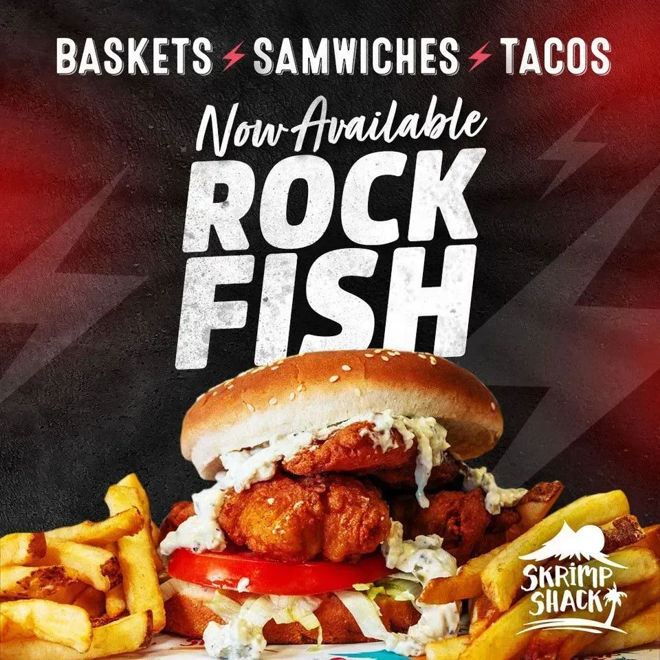 Fast-food ad for Rock Fish sandwich with fries and text “Baskets, Sandwiches, Tacos”