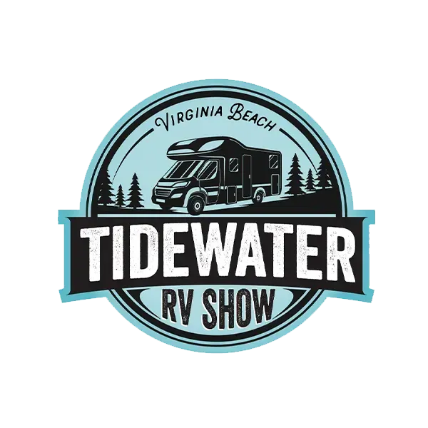 Tidewater RV Show logo for Virginia Beach, with an RV, pine trees, and teal circular badge