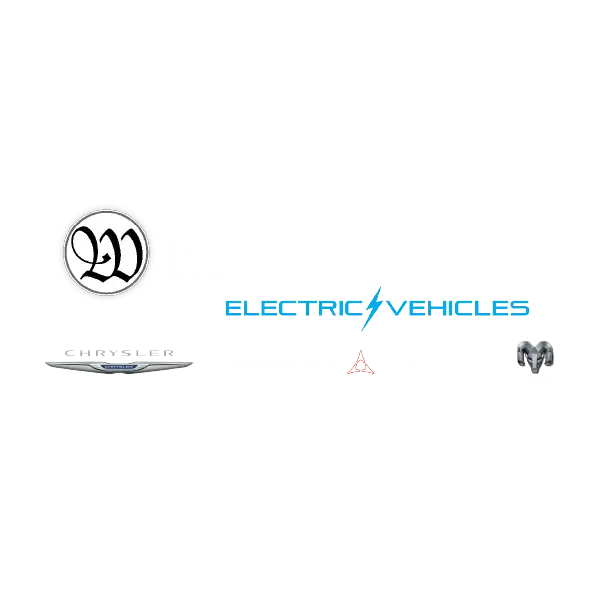 Assorted vehicle brand logos with “Electric Vehicles” in blue across the center on a white background