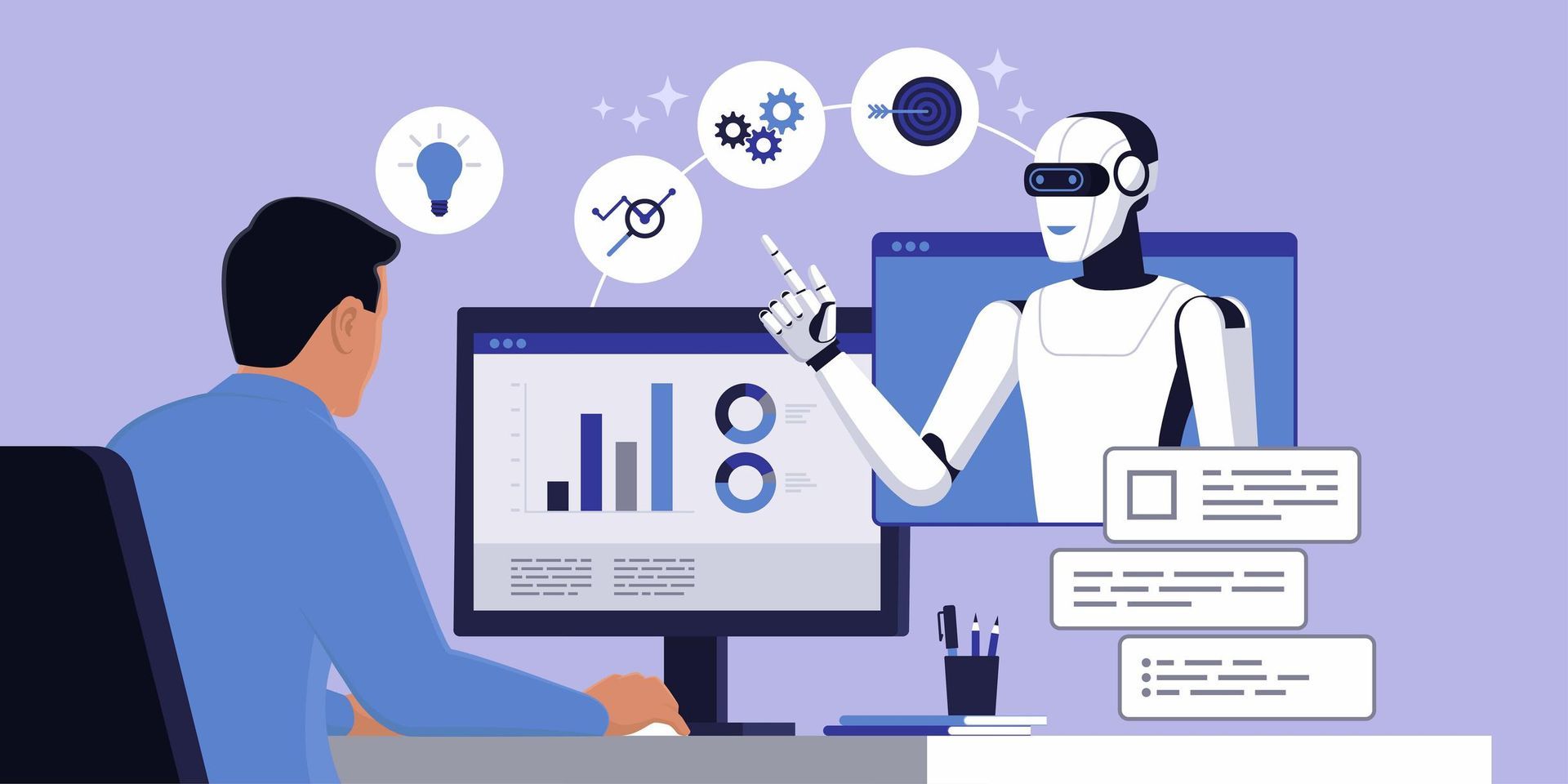Person and robot reviewing a computer dashboard with charts in a purple office setting