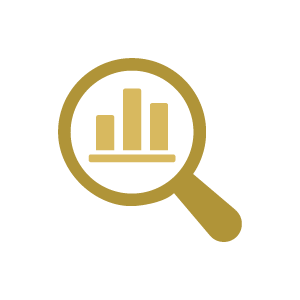 Gold magnifying glass with bar chart inside on white background