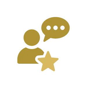 Gold icon of a person with a speech bubble and star badge