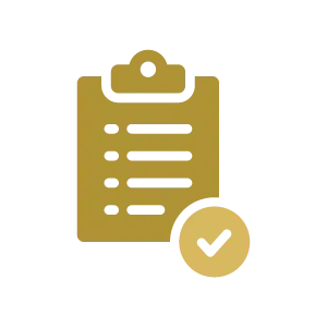 Gold clipboard checklist with a checkmark badge icon