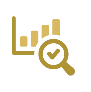 Gold analytics chart with magnifying glass and checkmark icon