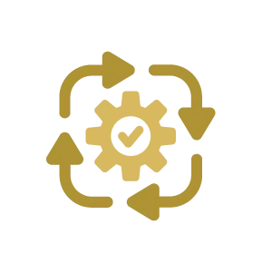 Gold gear with checkmark, surrounded by circular arrows, on a white background