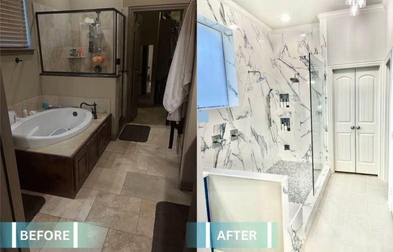 Before-and-after bathroom remodel: dark brown tub and vanity transformed into bright white marble shower.