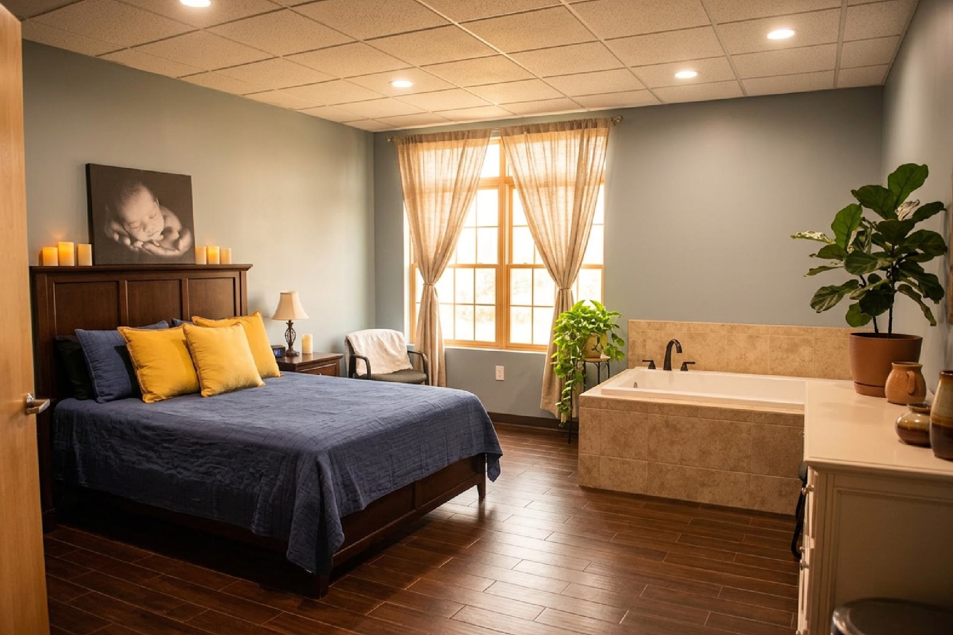  A private, home-like birthing room at Circle City Midwifery's birth center in Corona, CA.