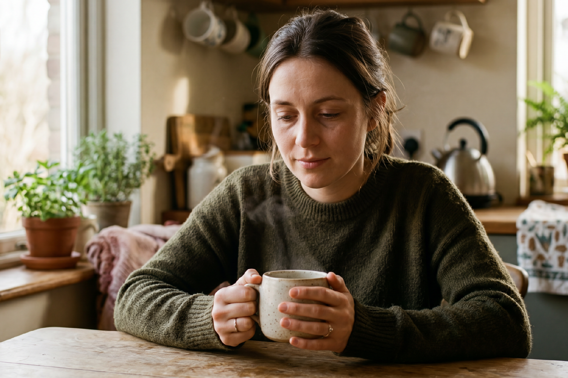 A woman rests at home with a warm drink while experiencing early pregnancy symptoms