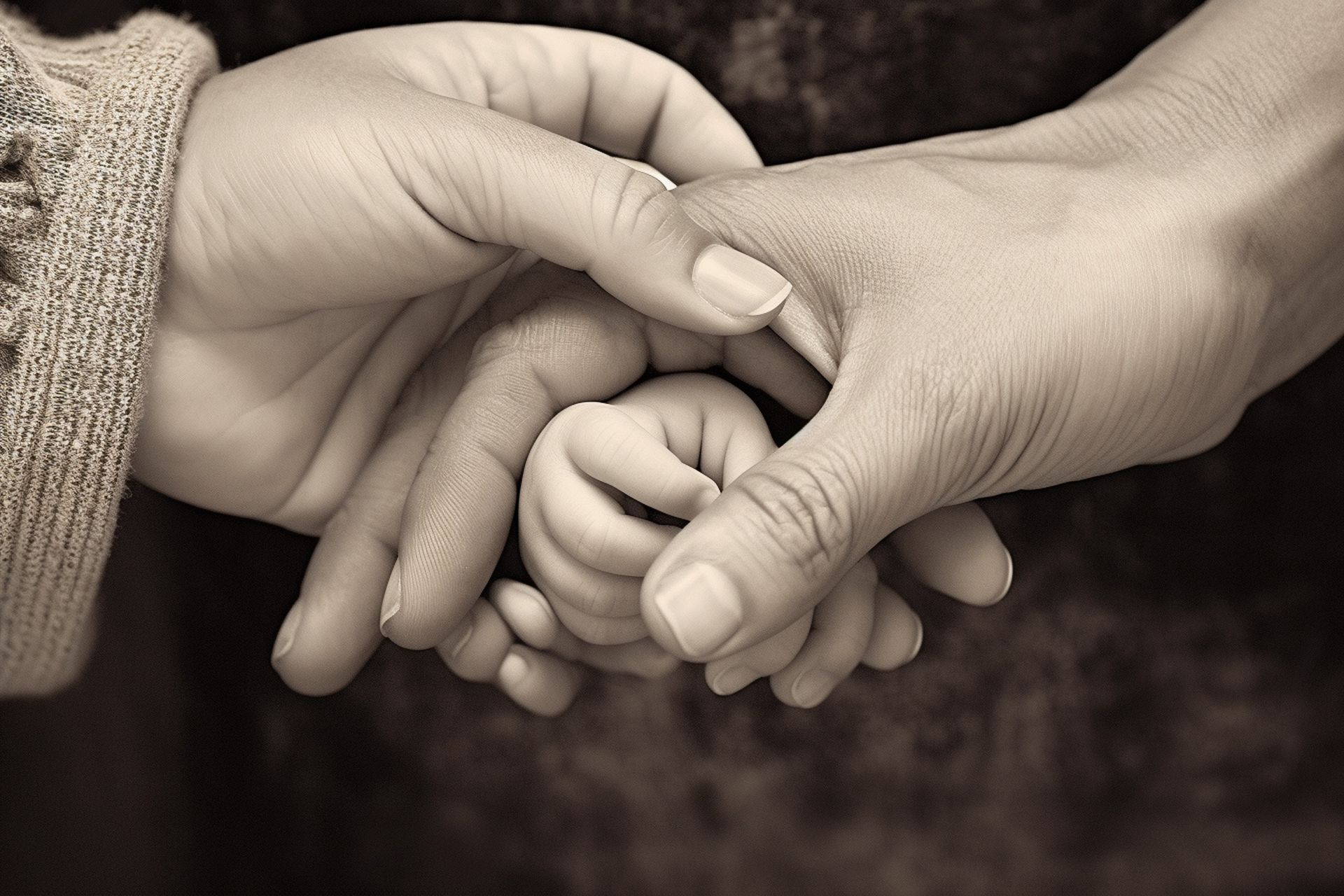 Two adult hands gently cradling a small infant's hand