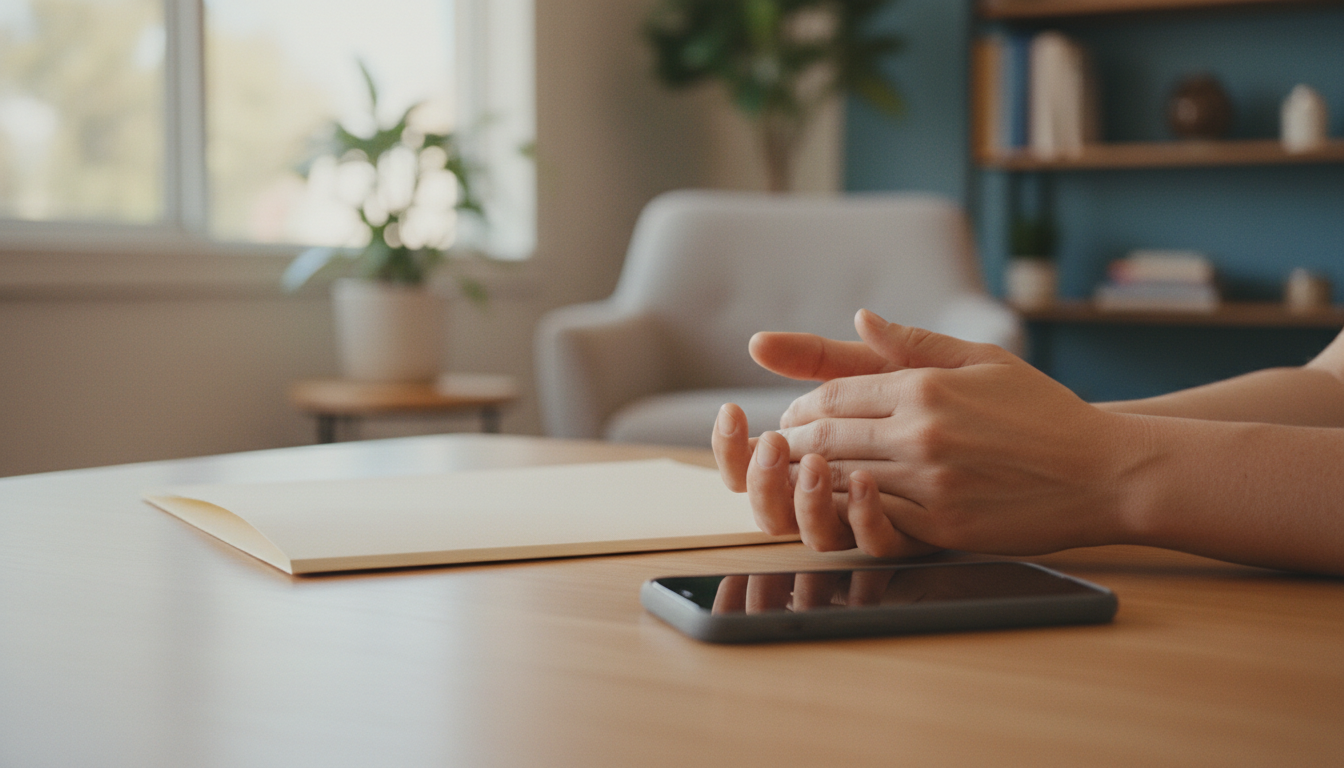 Hands clasped on a light wood table with a smartphone and file folder. Bright room with a window and a chair.