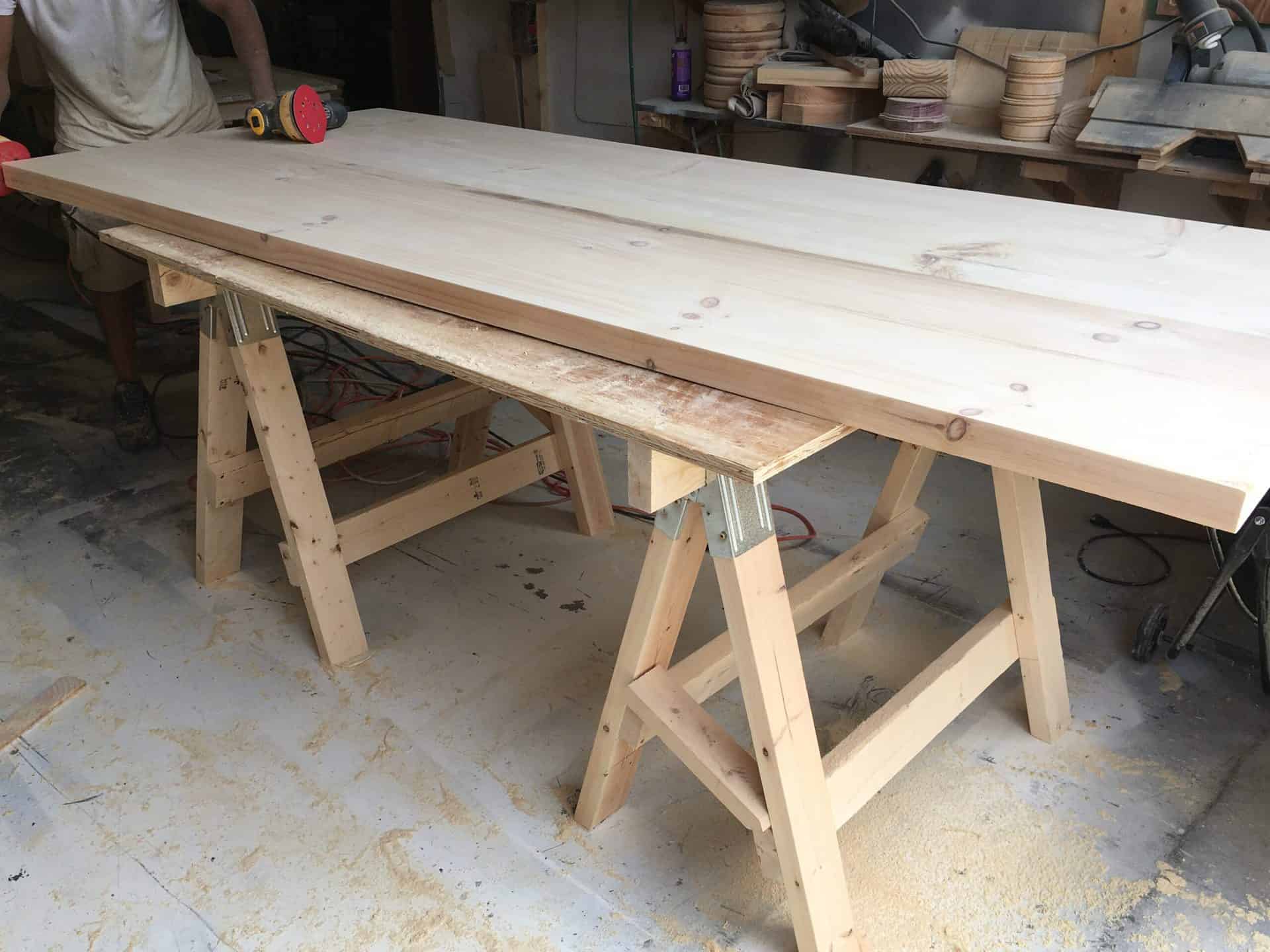 wooden table being built
