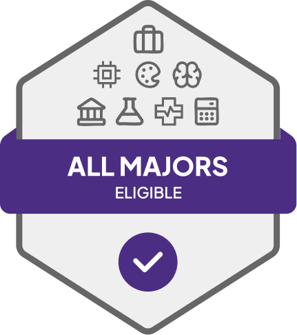 Badge with blue banner: 