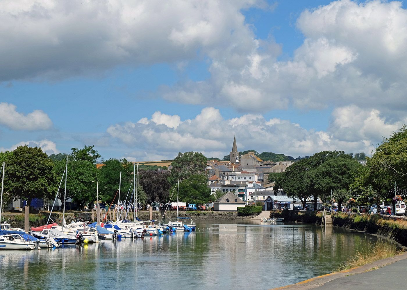 A group of boats are docked in a harbor with a city in the background.