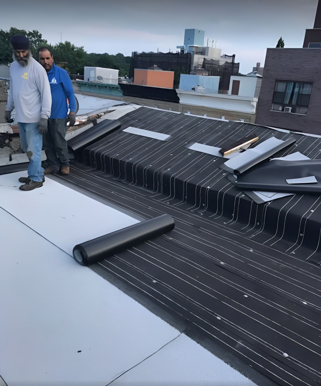 Workers installing roofing on a flat rooftop with black underlayment and rolled materials spread out.
