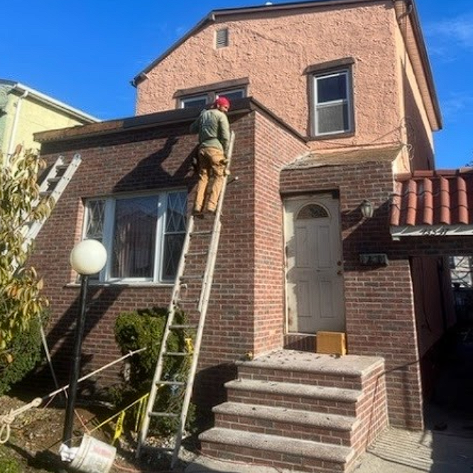 A man is standing on a ladder in front of a brick house.
