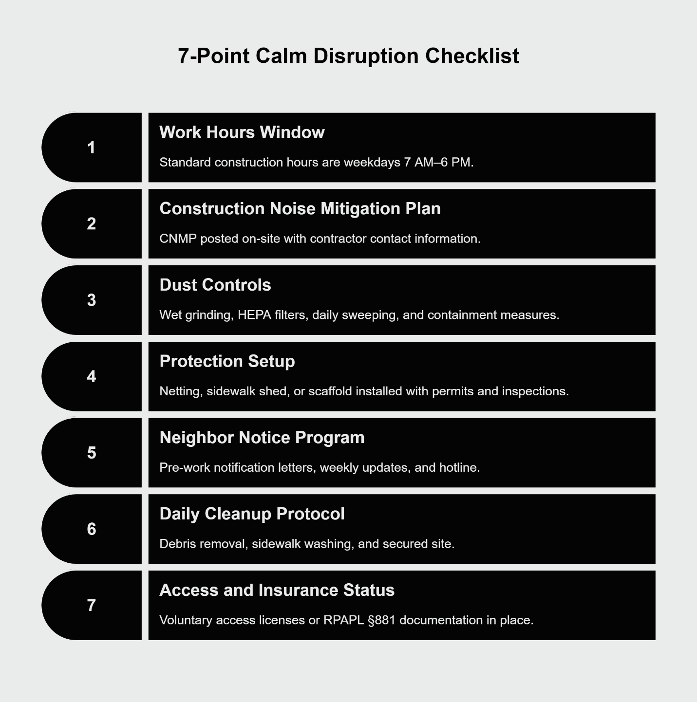 7-point calm disruption checklist with black numbered bars and white text on a light background
