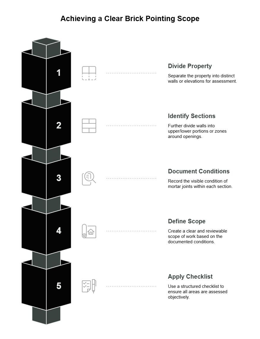 Brick pointing scope infographic outlining five steps: divide the property, identify wall sections, document mortar conditions, define the repair scope, and apply a checklist.