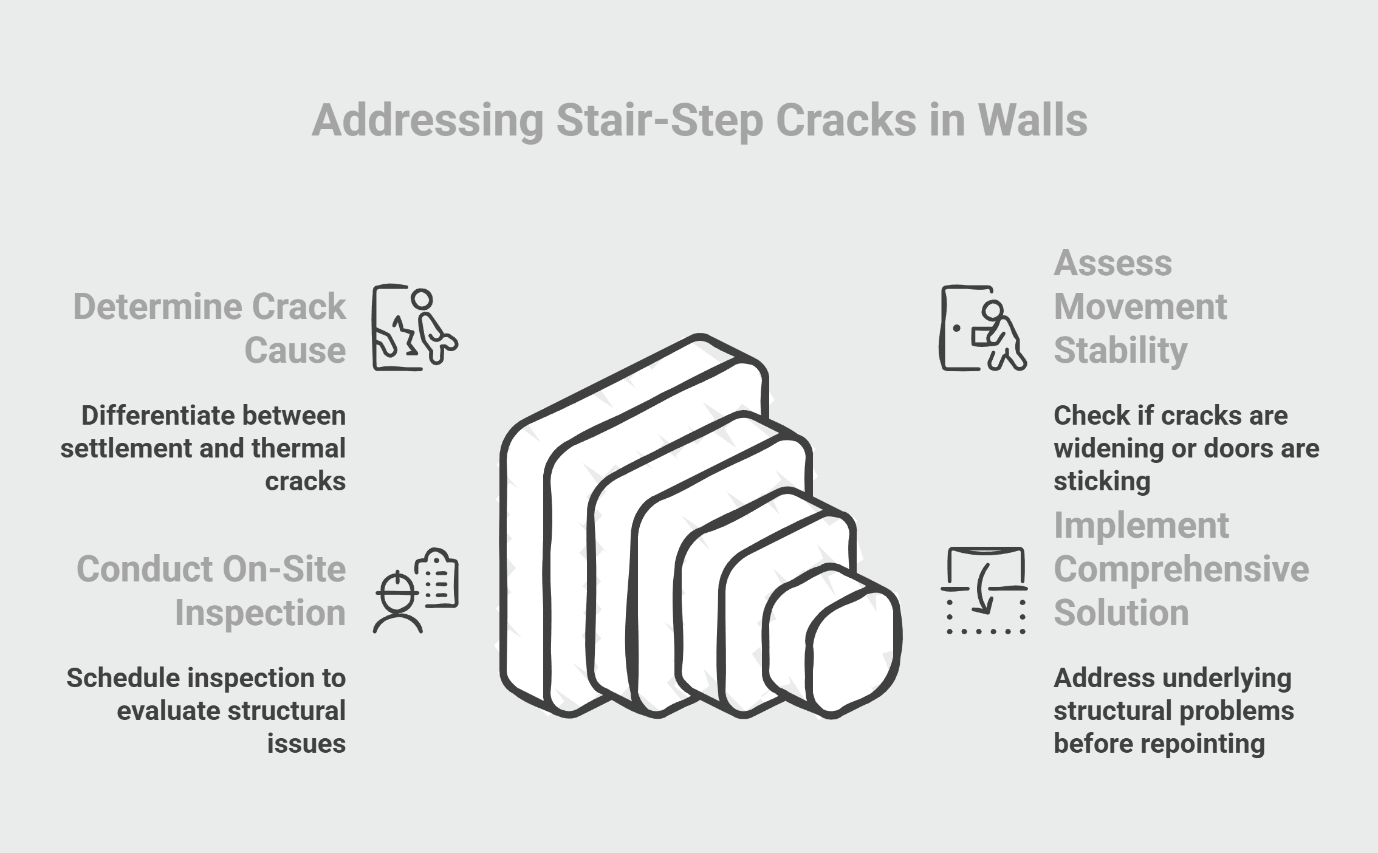 Stair-step wall crack repair process diagram with assessment and solution steps