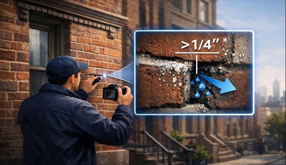 Inspector photographing recessed mortar joint with deep gaps, efflorescence, and water intrusion.