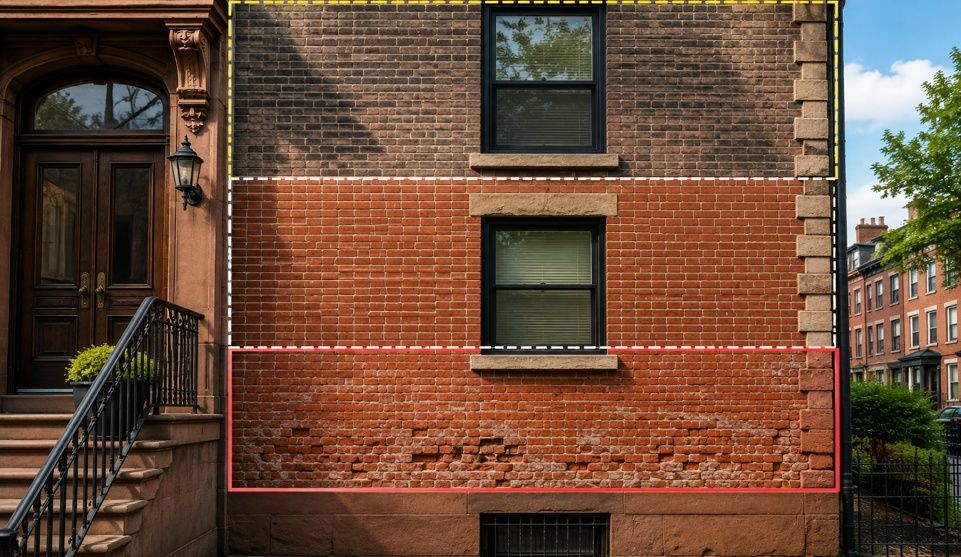 Brick townhouse facade divided into assessment zones with deteriorated mortar highlighted below.