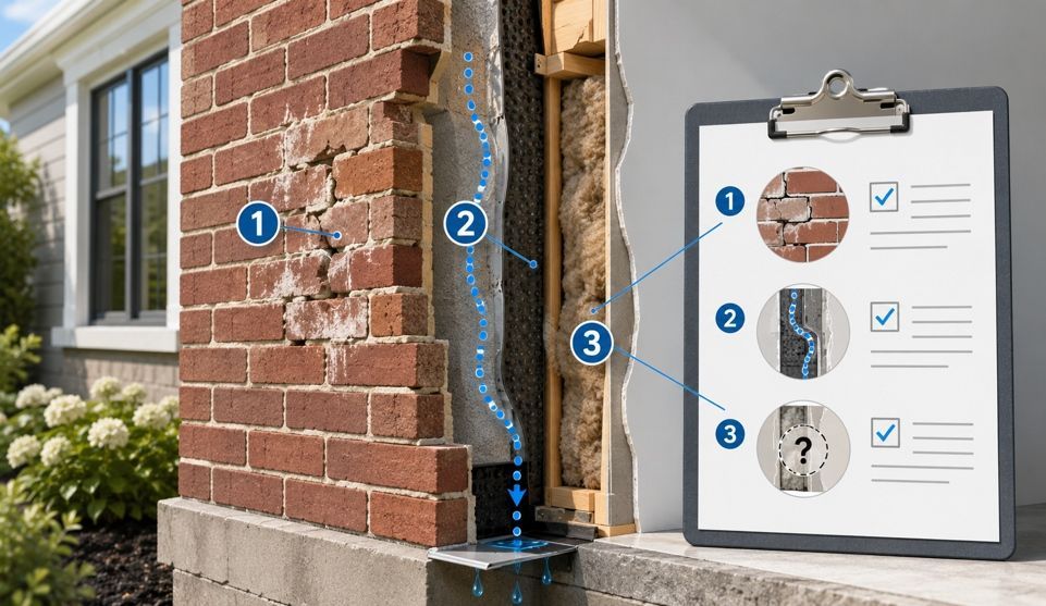 Cutaway brick wall shows leak path, damaged mortar, and inspection checklist.