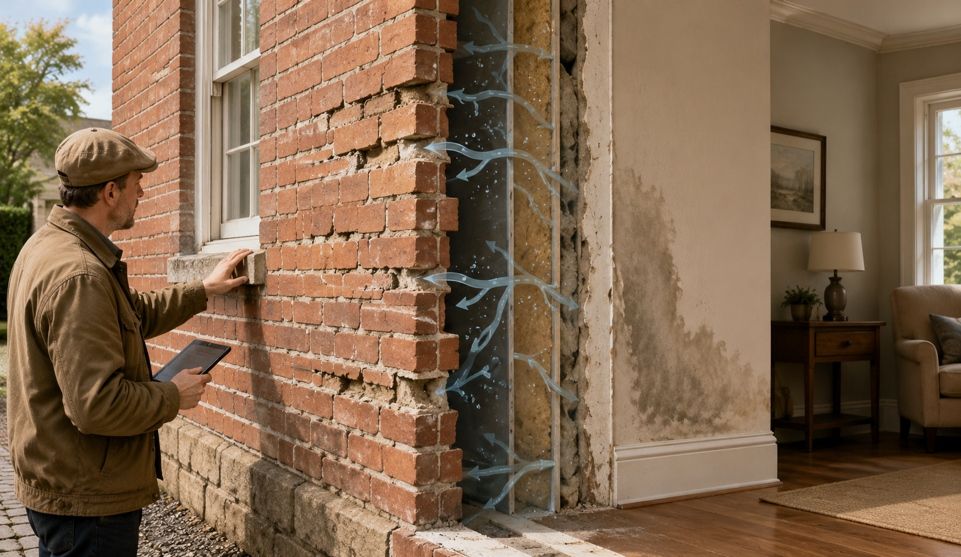 Inspector examines damaged brick mortar beside a cutaway wall showing possible moisture paths indoor