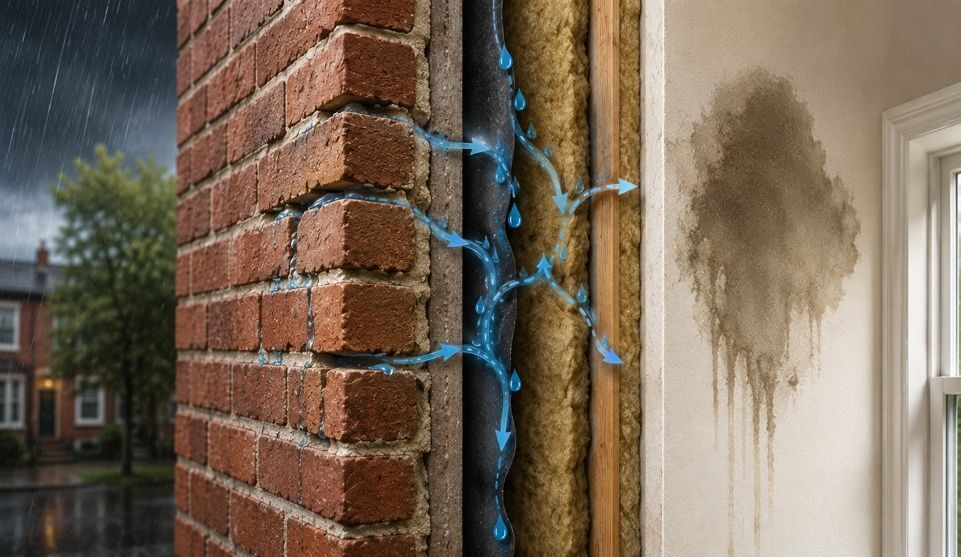 Brick wall cutaway showing rainwater paths through damaged mortar and interior damp staining.