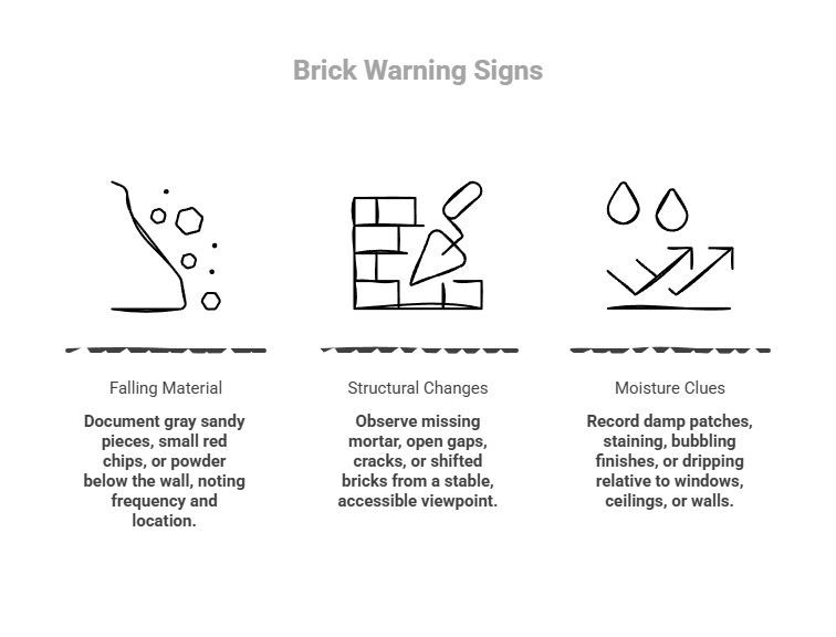 Brick warning signs infographic highlighting falling material, structural changes, and moisture clues such as loose mortar, cracks, gaps, damp patches, and staining.