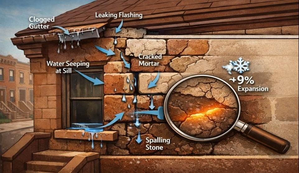 Brownstone cutaway showing water entry from gutters, flashing leaks, cracked mortar, and spalling.