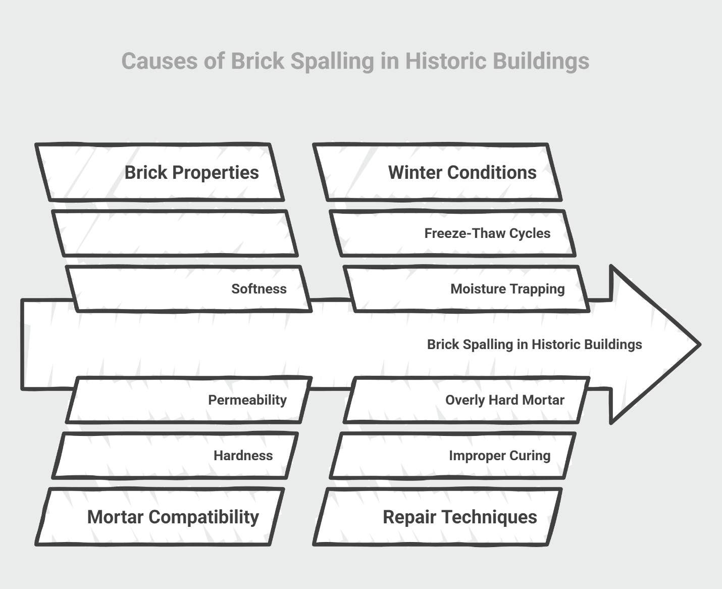 Diagram showing causes of brick spalling in historic buildings, with labels for brick, mortar, weather, and repair factors