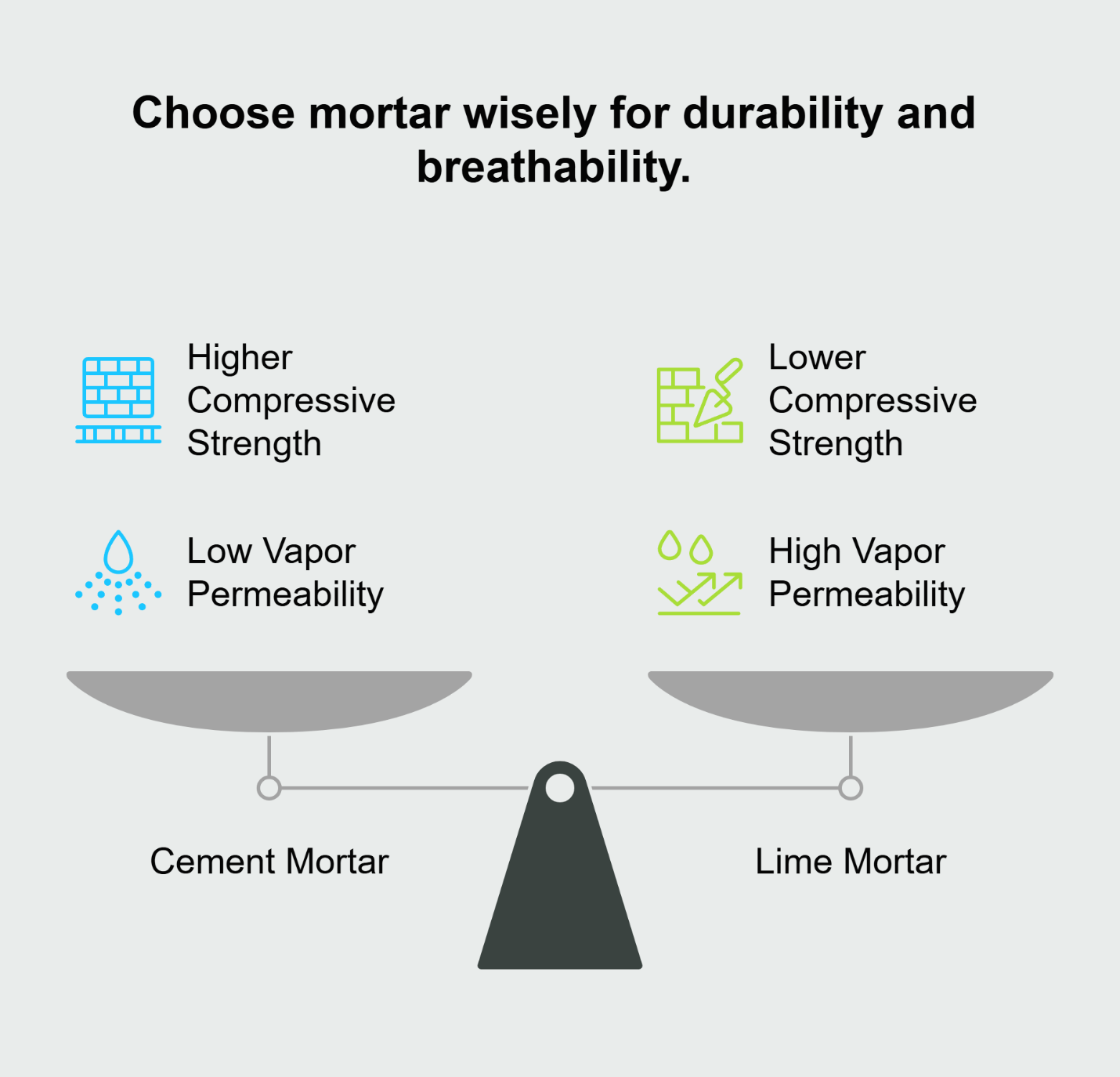 Mortar comparison graphic: cement mortar is stronger, less breathable; lime mortar is weaker, more breathable.