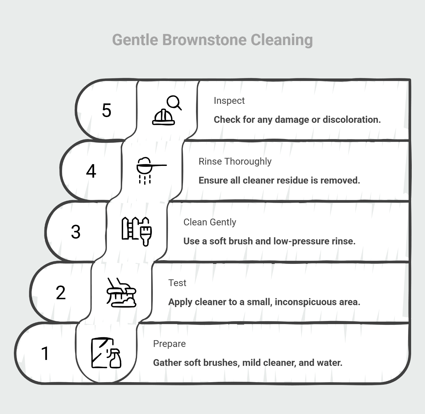 Five-step gentle brownstone cleaning process infographic: prepare materials, test cleaner, clean gently with soft brush, rinse thoroughly, and inspect for damage.