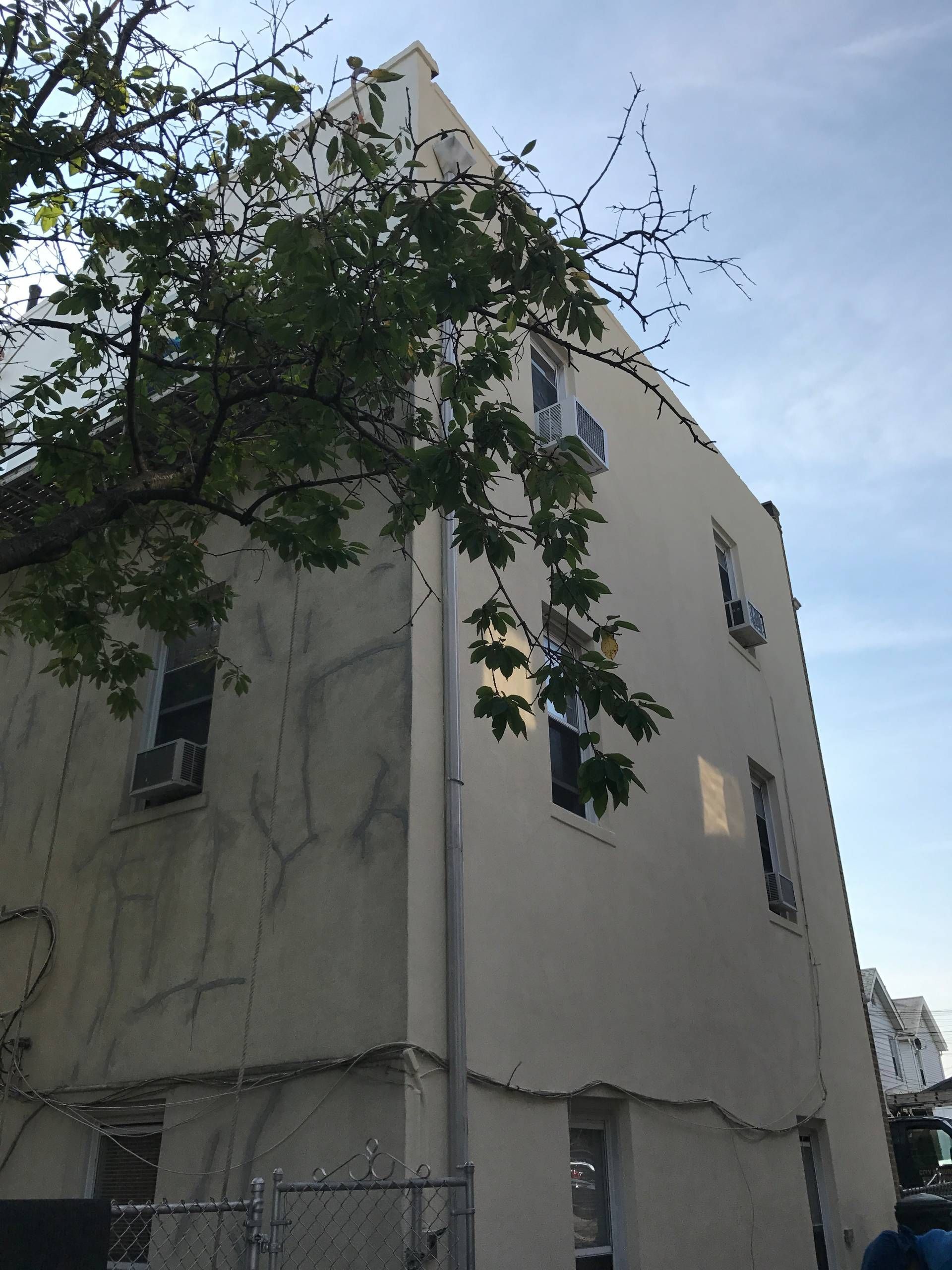 A white building with a tree in front of it