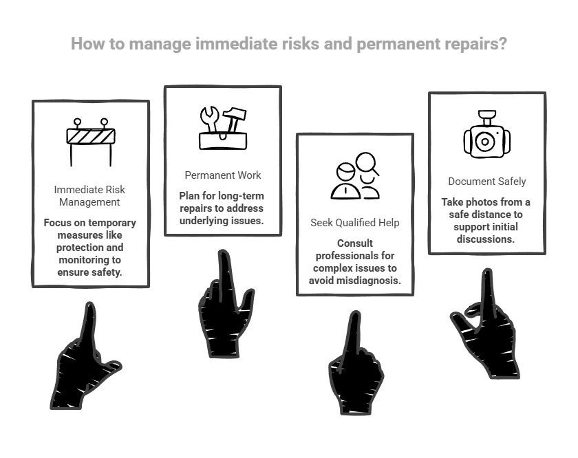 Masonry repair infographic showing immediate risk controls, planning permanent repairs, seeking qualified professional help, and safely documenting conditions with photographs.