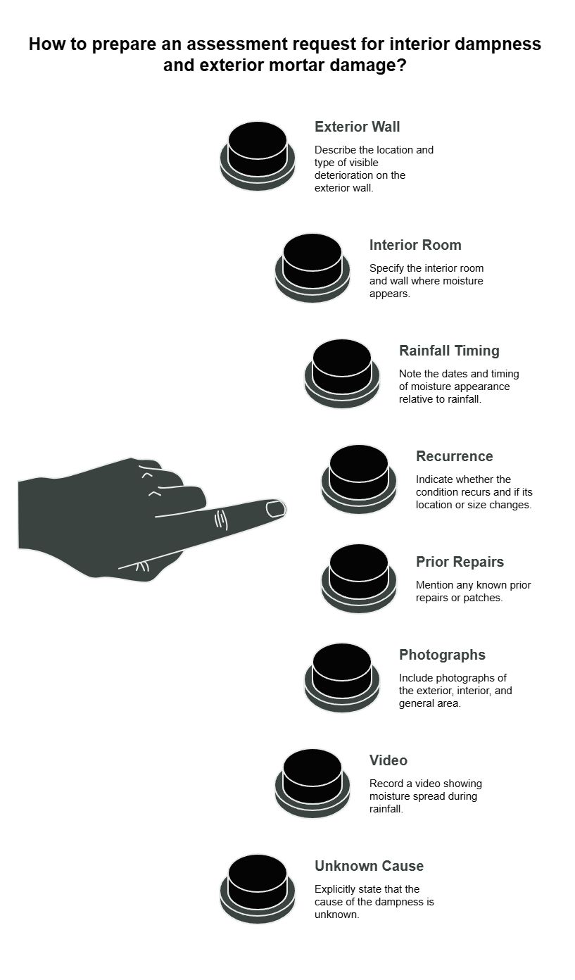 Interior dampness assessment request infographic covering exterior mortar damage, affected room, rainfall timing, recurrence, prior repairs, photos, video, and an unknown moisture cause.