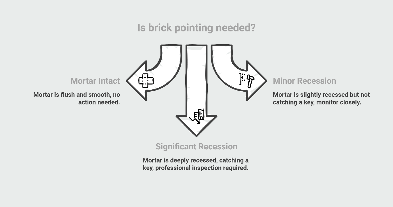 Brick pointing decision flowchart showing mortar condition assessment levels