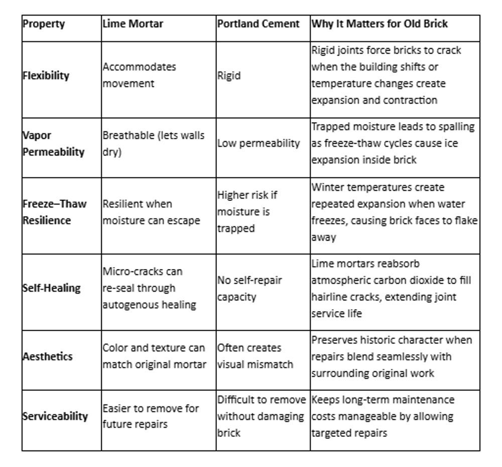 Table comparing lime mortar and Portland cement for old brick, with properties and differences.