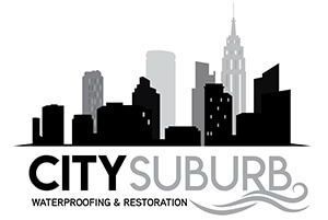 City Suburb waterproofing and restoration logo with black city skyline and gray wave accents